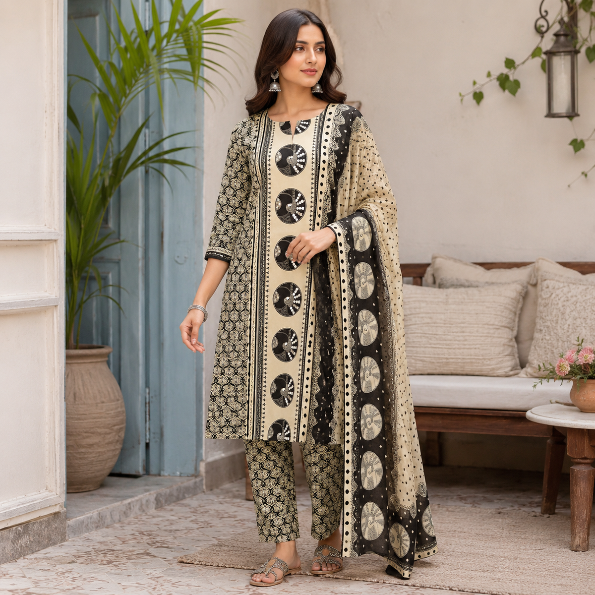 Beige Black Printed Dupatta Suit for Women with Geometric Print Kurta