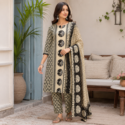 Beige Black Printed Dupatta Suit for Women with Geometric Print Kurta