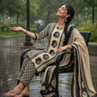 Beige Black Printed Dupatta Suit for Women with Geometric Print Kurta