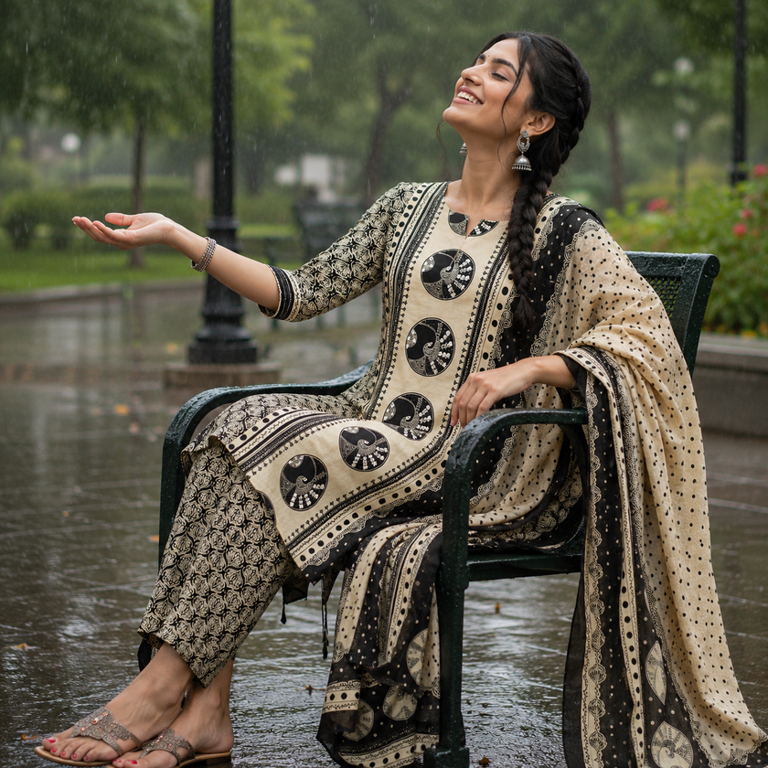 Beige Black Printed Dupatta Suit for Women with Geometric Print Kurta