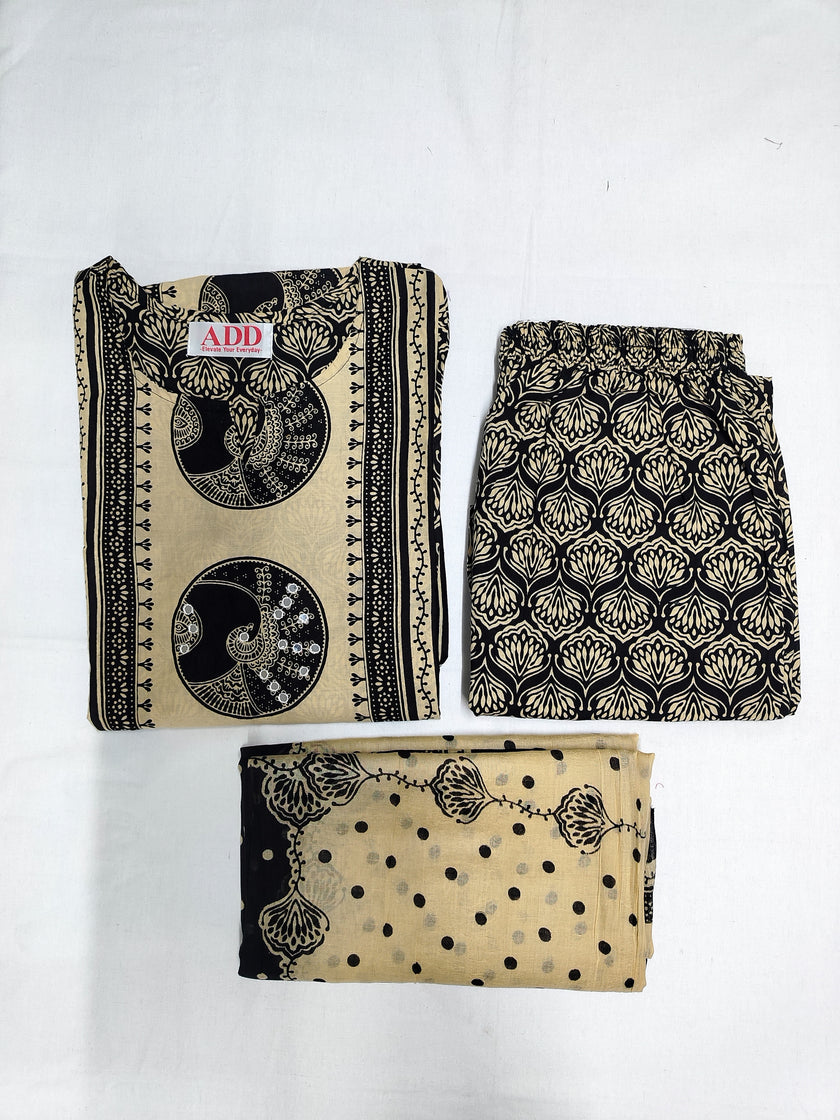 Beige Black Printed Dupatta Suit