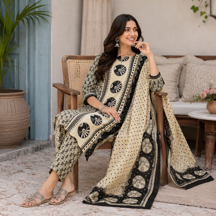 Beige Black Printed Dupatta Suit for Women with Geometric Print Kurta