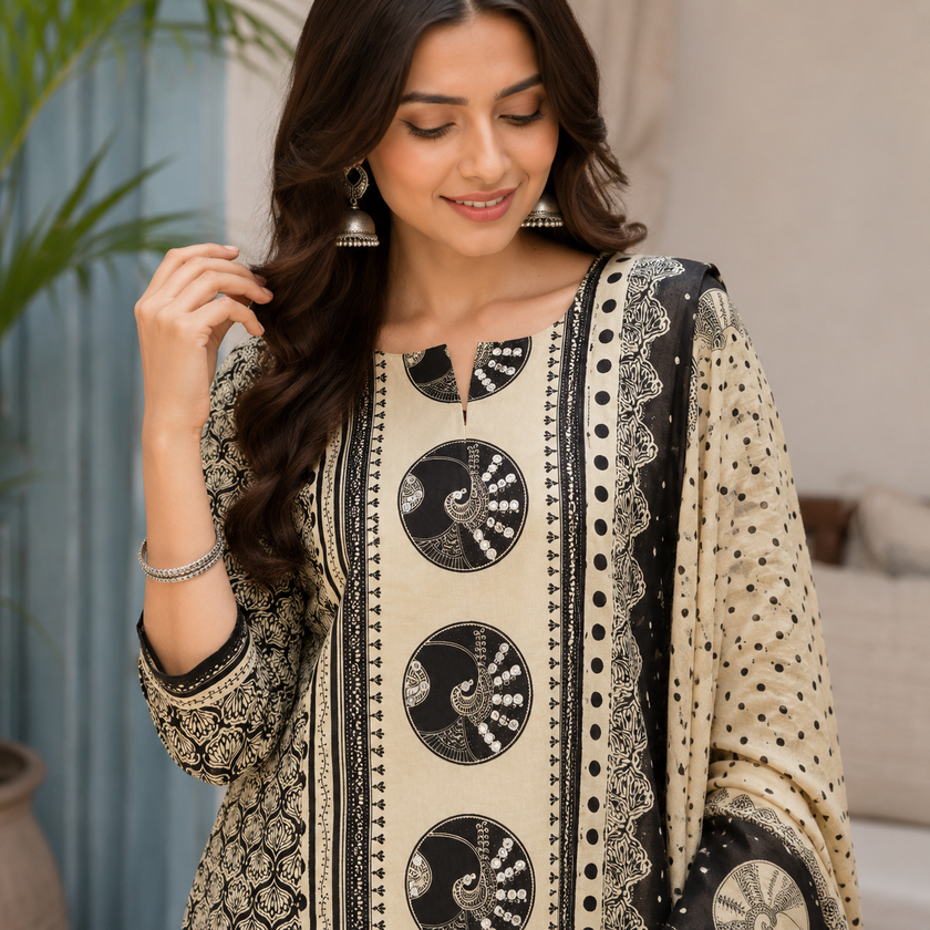 Beige Black Printed Dupatta Suit for Women with Geometric Print Kurta