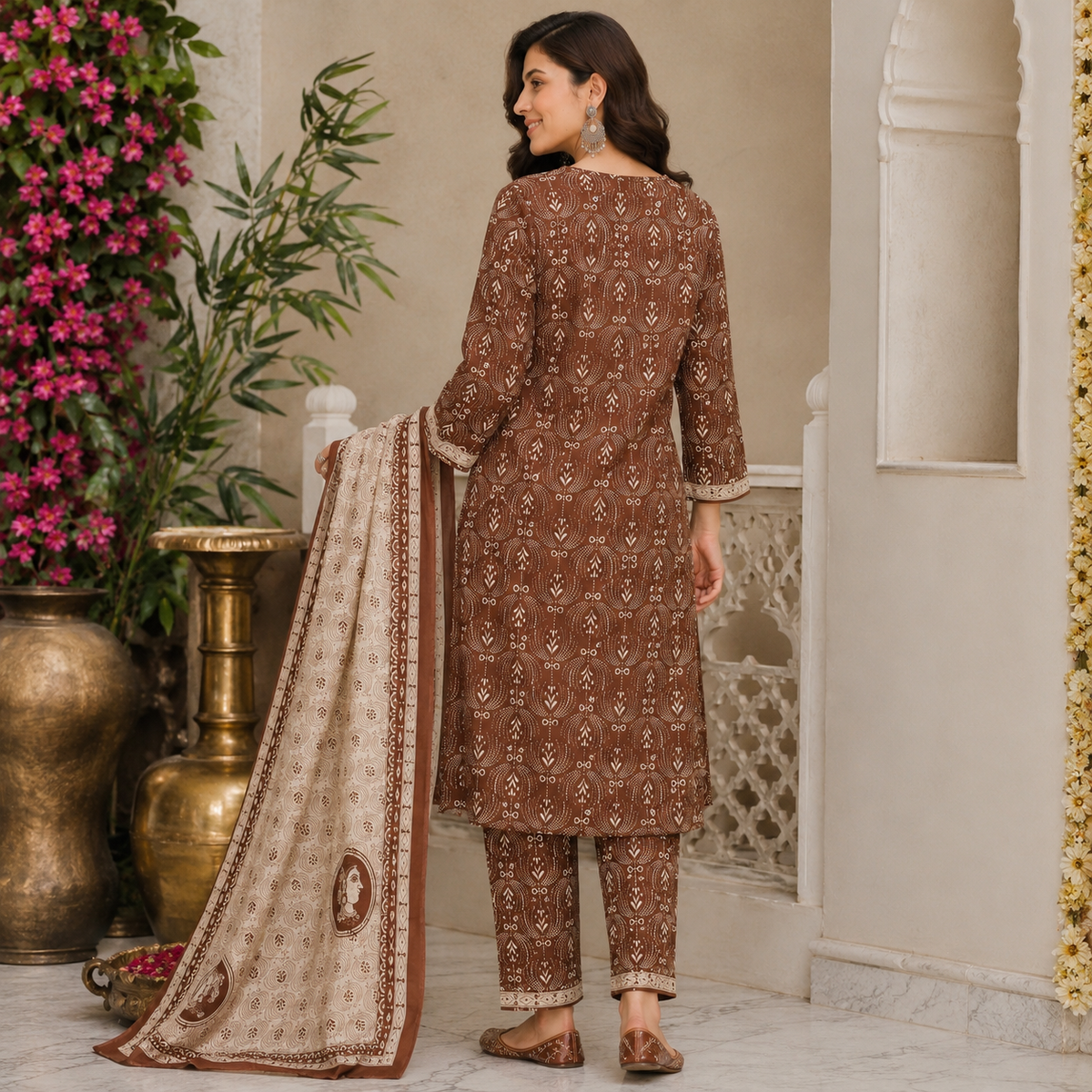 Brown Beige Printed Dupatta Suit for Women with Kurta and Pants