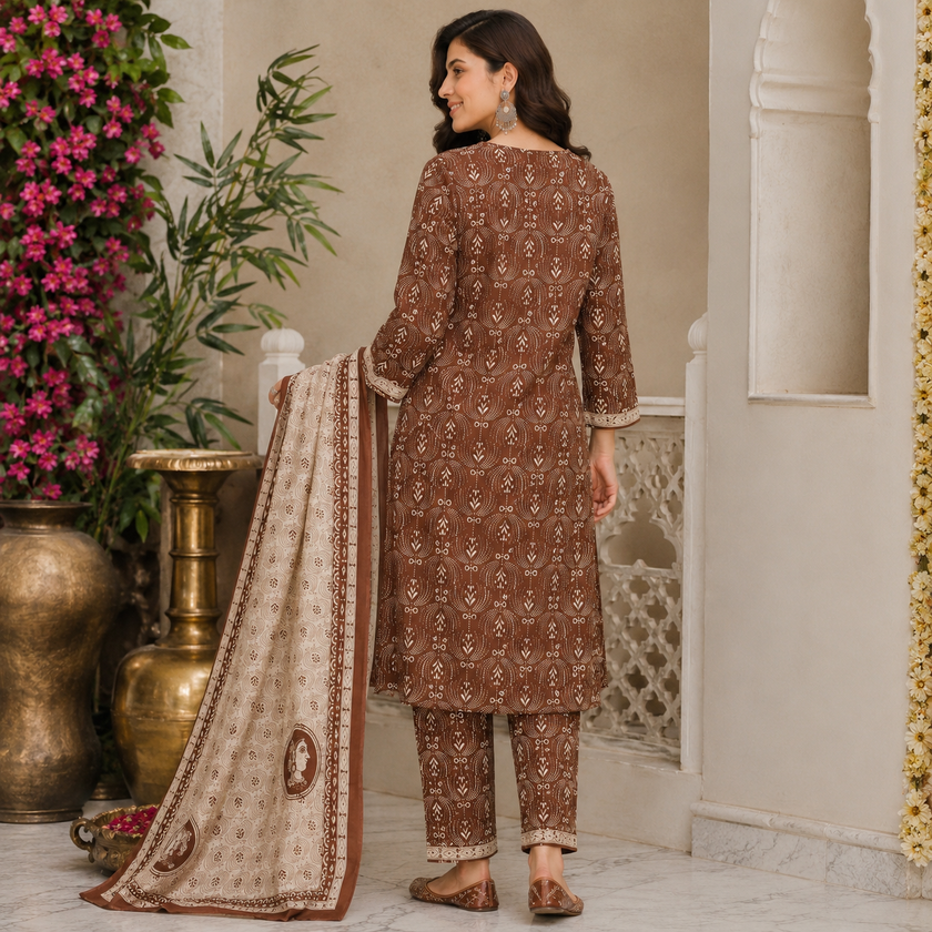 Brown Beige Printed Dupatta Suit for Women with Kurta and Pants