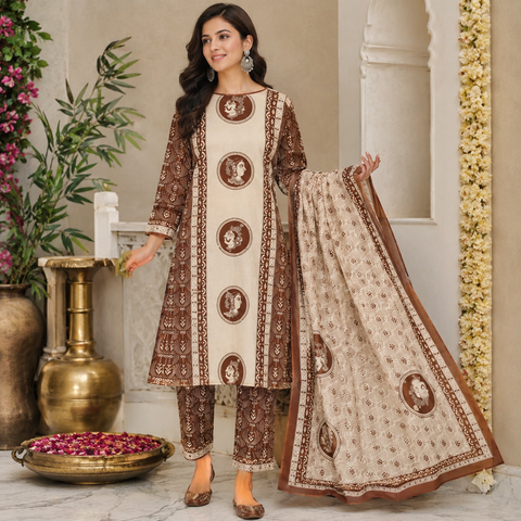 Brown Beige Printed Dupatta Suit for Women with Kurta and Pants