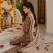 Brown Beige Printed Dupatta Suit for Women with Kurta and Pants