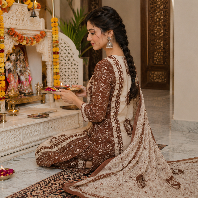 Brown Beige Printed Dupatta Suit for Women with Kurta and Pants