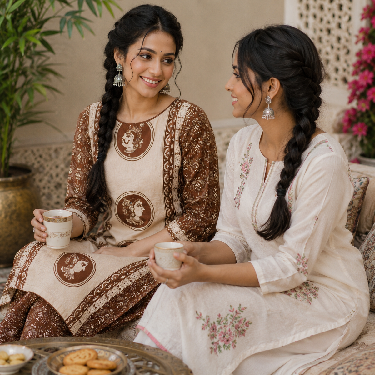 Brown Beige Printed Dupatta Suit for Women with Kurta and Pants