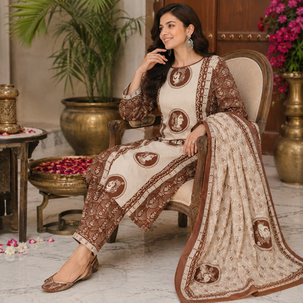 Brown Beige Printed Dupatta Suit for Women with Kurta and Pants