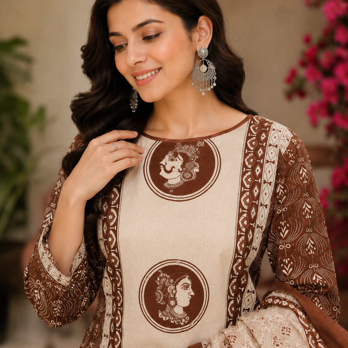 Brown Beige Printed Dupatta Suit for Women with Kurta and Pants