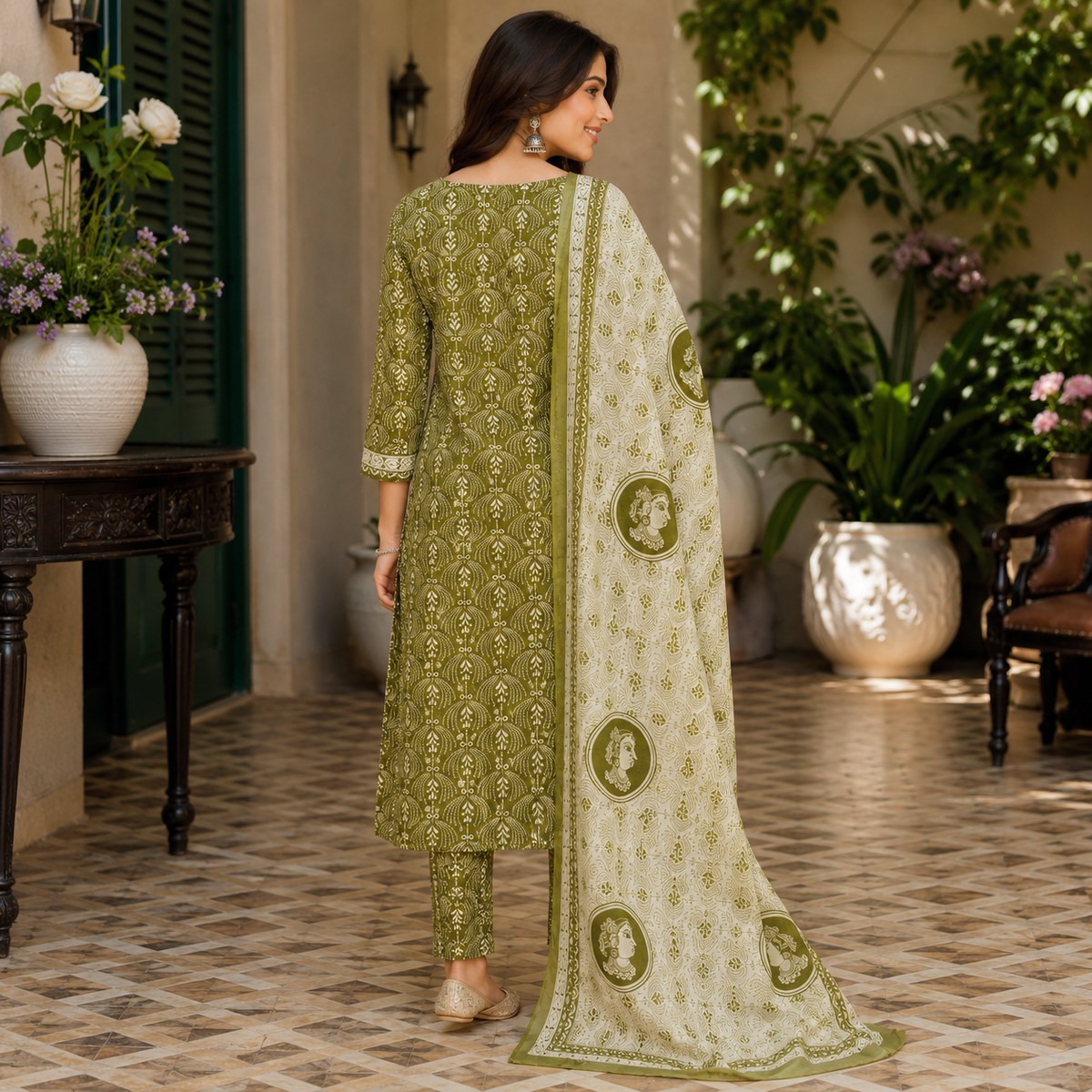 Green Beige Printed Cotton Dupatta Suit for Women with Kurta and Pants