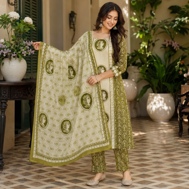 Green Beige Printed Cotton Dupatta Suit for Women with Kurta and Pants