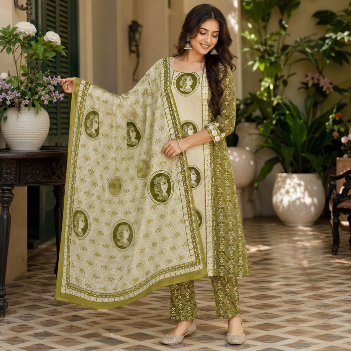 Green Beige Printed Cotton Dupatta Suit for Women with Kurta and Pants