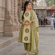 Green Beige Printed Cotton Dupatta Suit for Women with Kurta and Pants