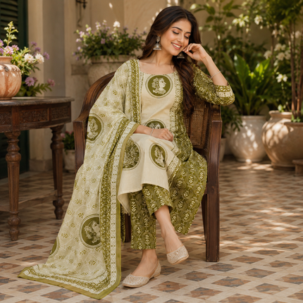 Green Beige Printed Cotton Dupatta Suit for Women with Kurta and Pants