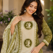 Green Beige Printed Cotton Dupatta Suit for Women with Kurta and Pants