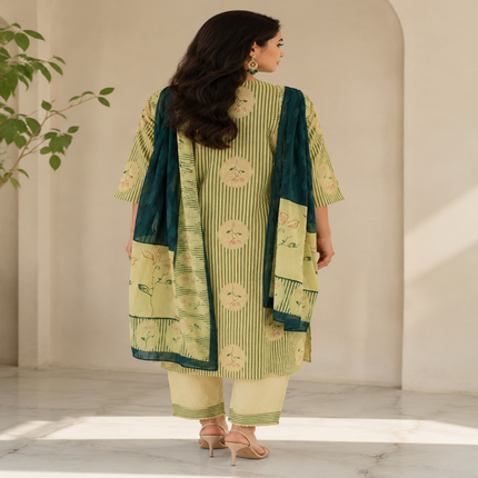 Beige teal blue cotton dupatta suit for women with printed kurta, straight pants and contrast dupatta