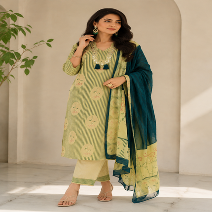 Beige teal blue cotton dupatta suit for women with printed kurta, straight pants and contrast dupatta