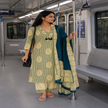 Beige teal blue cotton dupatta suit for women with printed kurta, straight pants and contrast dupatta