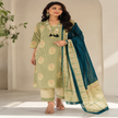 Beige teal blue cotton dupatta suit for women with printed kurta, straight pants and contrast dupatta