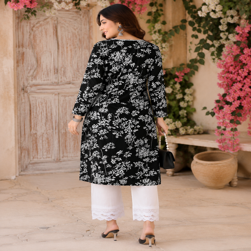 Black Chikankari kurta set for women with white floral print and lace palazzo pants