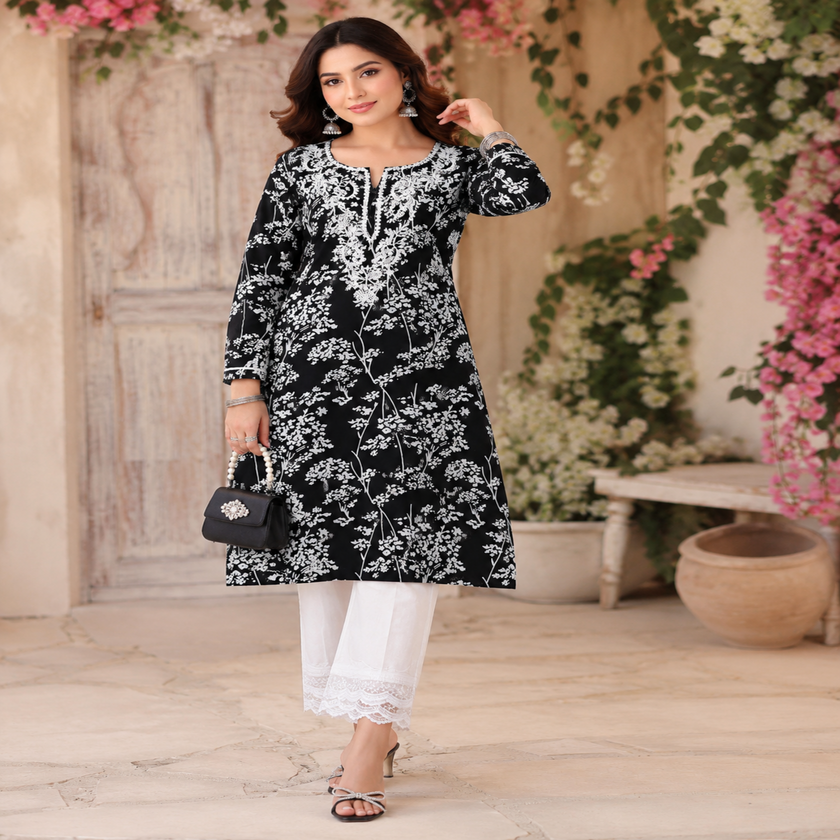 Black Chikankari kurta set for women with white floral print and lace palazzo pants