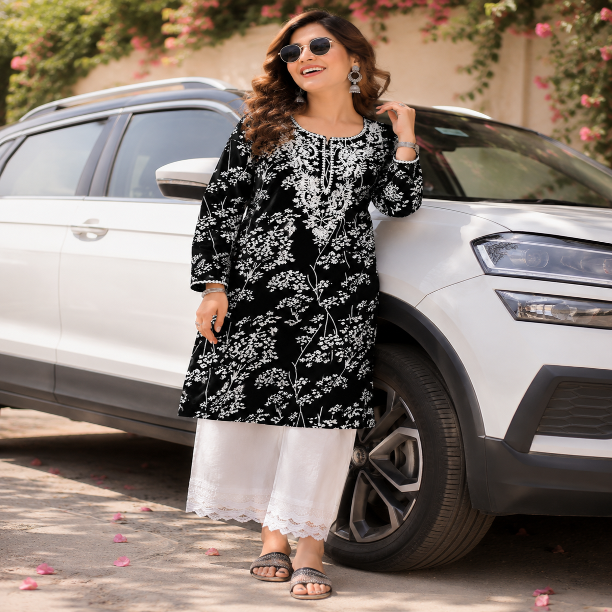 Black Chikankari kurta set for women with white floral print and lace palazzo pants