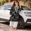 Black Chikankari kurta set for women with white floral print and lace palazzo pants