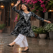 Black Chikankari kurta set for women with white floral print and lace palazzo pants