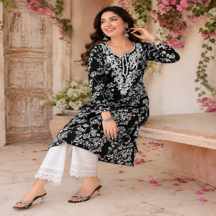 Black Chikankari kurta set for women with white floral print and lace palazzo pants