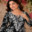 Black Chikankari kurta set for women with white floral print and lace palazzo pants