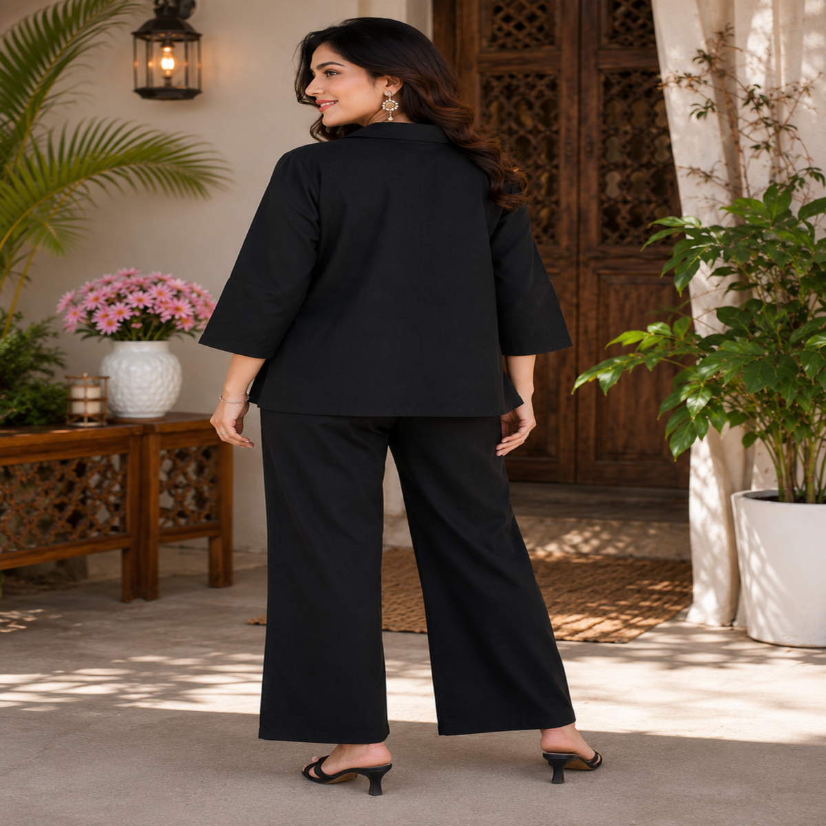 Black embroidered cotton co-ord set for women with floral blazer-style top and straight-fit pants