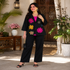 Black embroidered cotton co-ord set for women with floral blazer-style top and straight-fit pants
