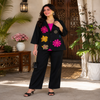 Black embroidered cotton co-ord set for women with floral blazer-style top and straight-fit pants