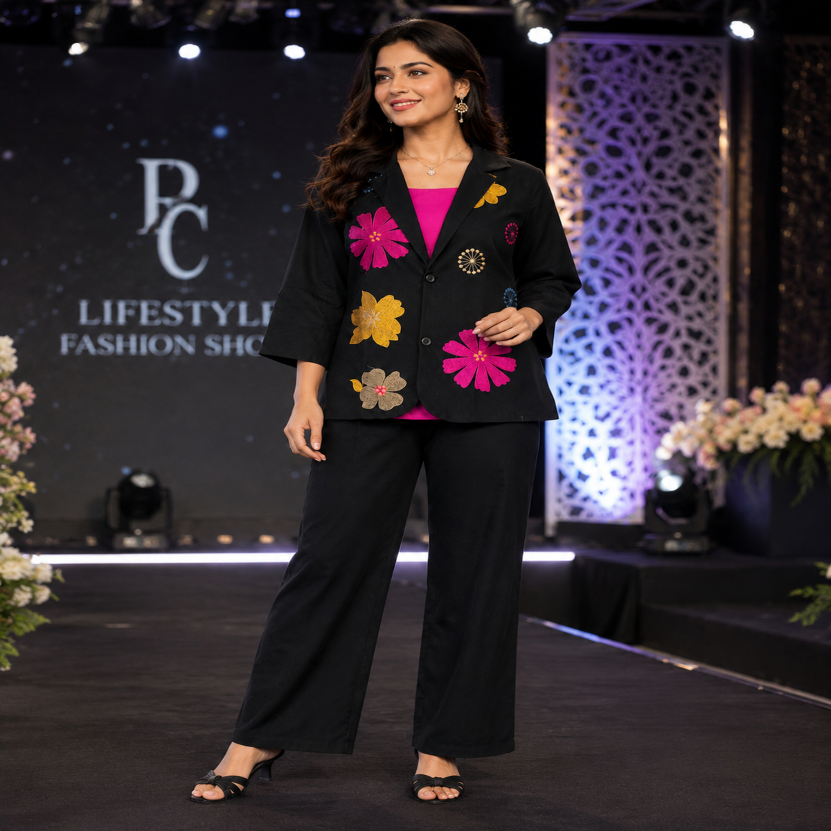 Black embroidered cotton co-ord set for women with floral blazer-style top and straight-fit pants
