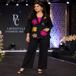 Black embroidered cotton co-ord set for women with floral blazer-style top and straight-fit pants