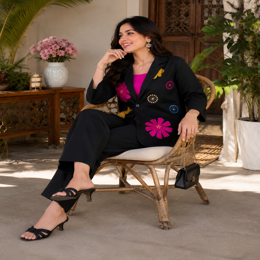 Black embroidered cotton co-ord set for women with floral blazer-style top and straight-fit pants