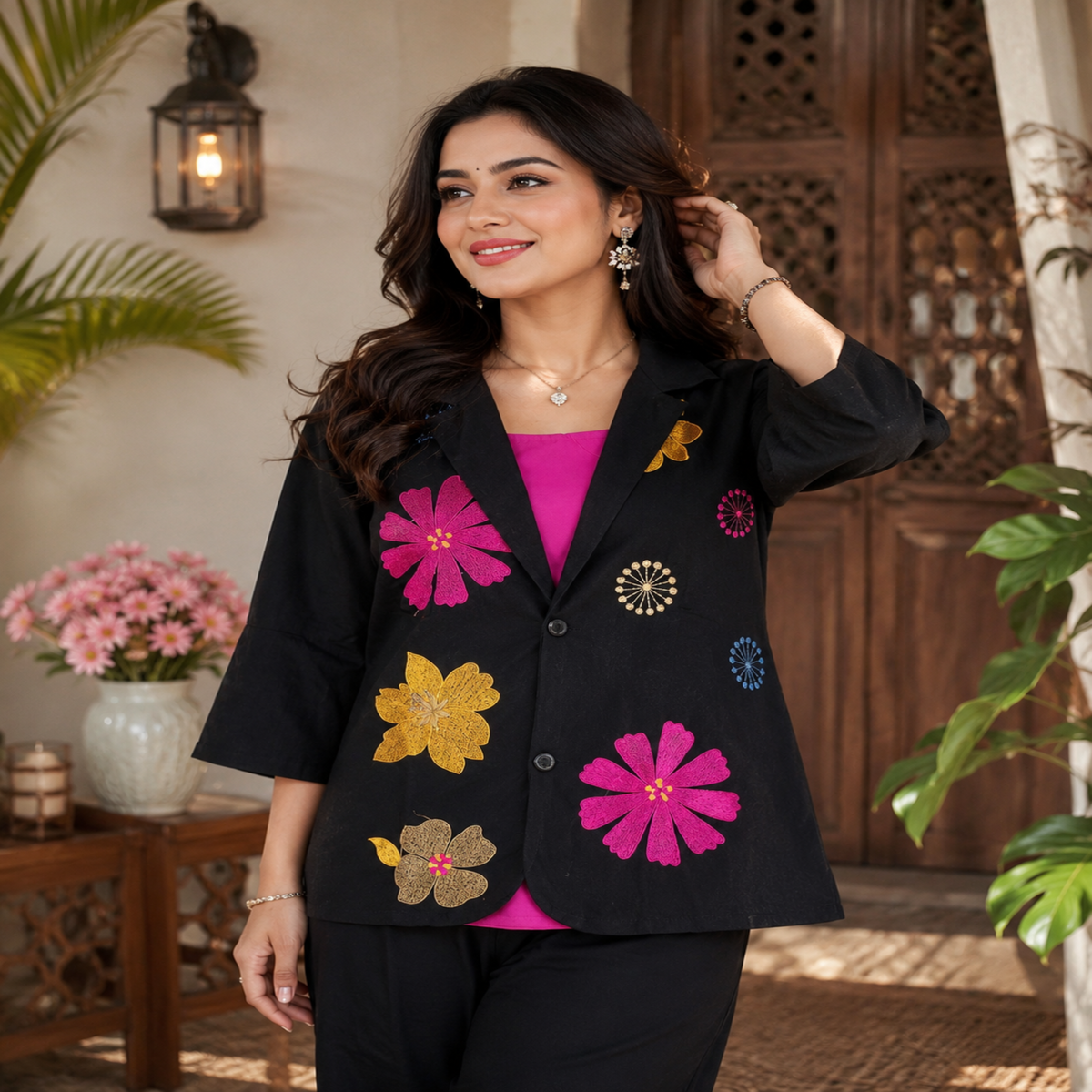 Black embroidered cotton co-ord set for women with floral blazer-style top and straight-fit pants