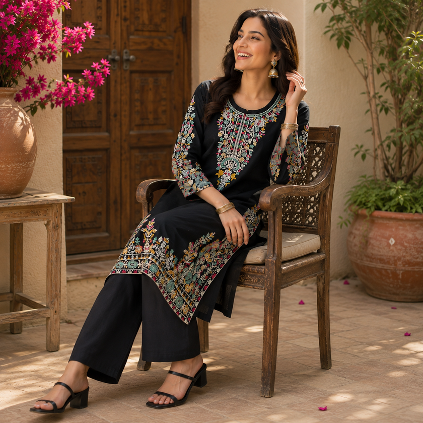 Black Embroidery Kurta Set