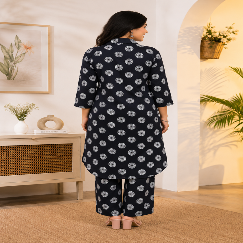 Black printed co-ord set for women with cotton tunic and matching straight-fit pants