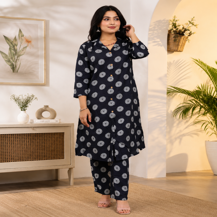 Black printed co-ord set for women with cotton tunic and matching straight-fit pants