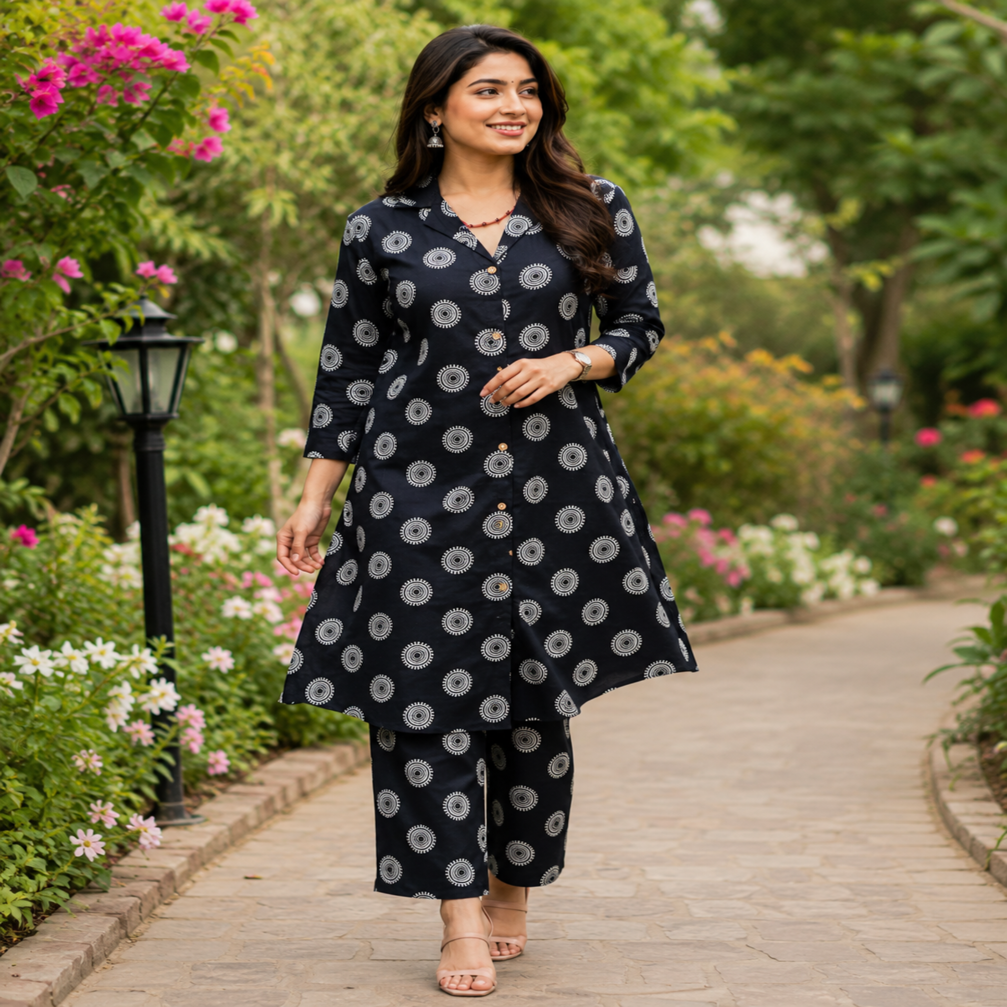 Black printed co-ord set for women with cotton tunic and matching straight-fit pants