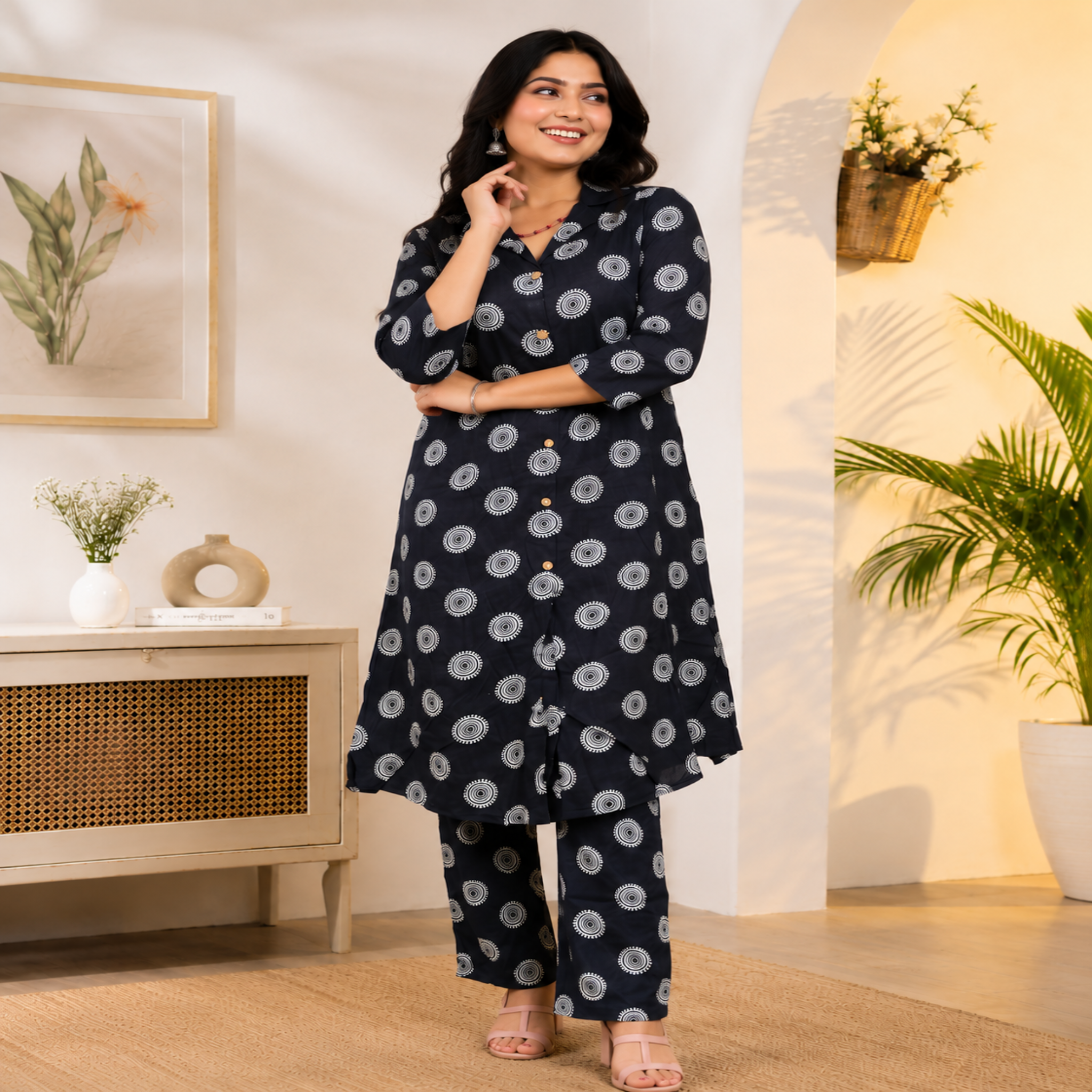 Black printed co-ord set for women with cotton tunic and matching straight-fit pants