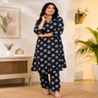 Black printed co-ord set for women with cotton tunic and matching straight-fit pants