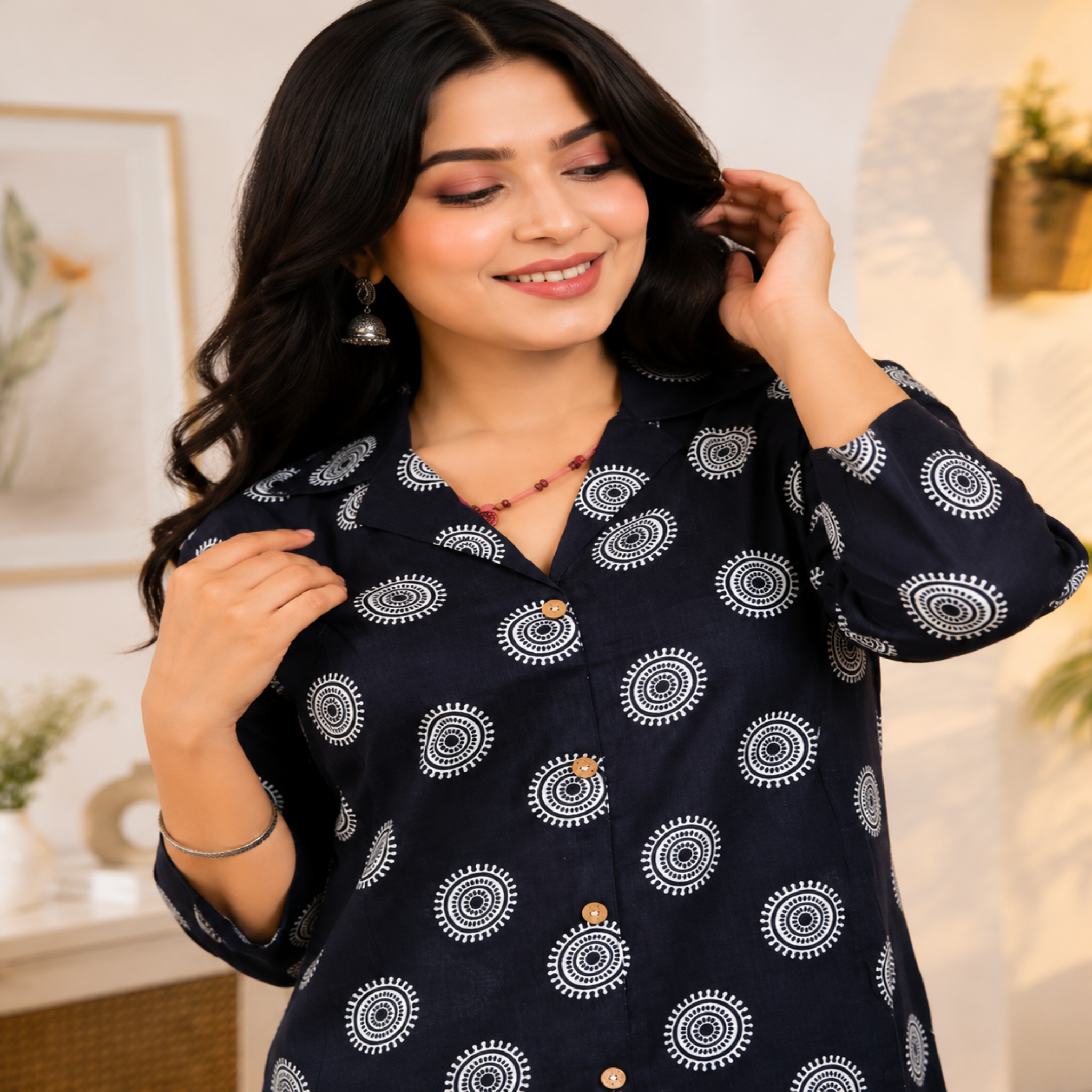 Black printed co-ord set for women with cotton tunic and matching straight-fit pants