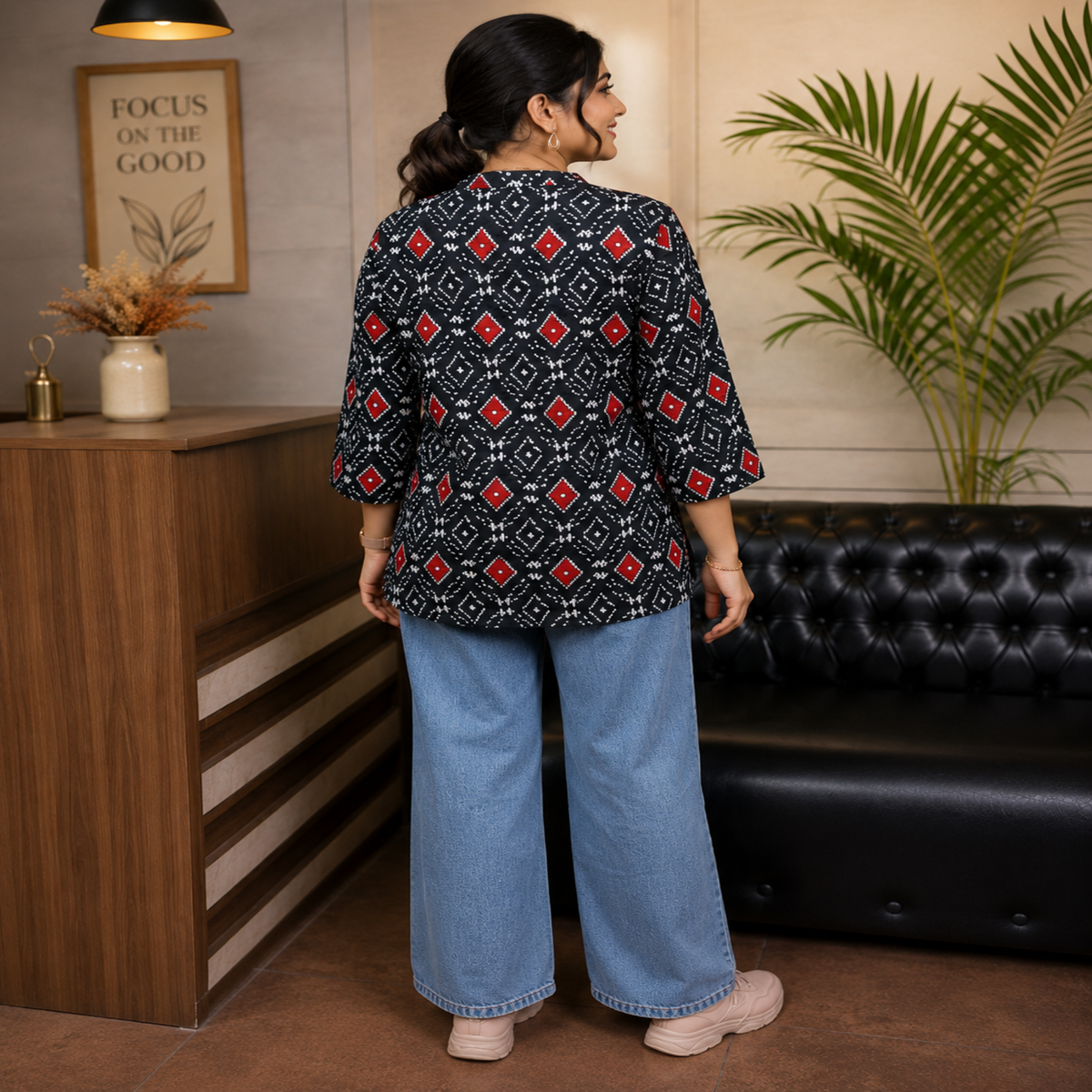 Black printed cotton kurti for women with red and white geometric prints and 3/4 sleeves