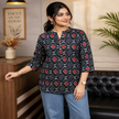 Black printed cotton kurti for women with red and white geometric prints and 3/4 sleeves