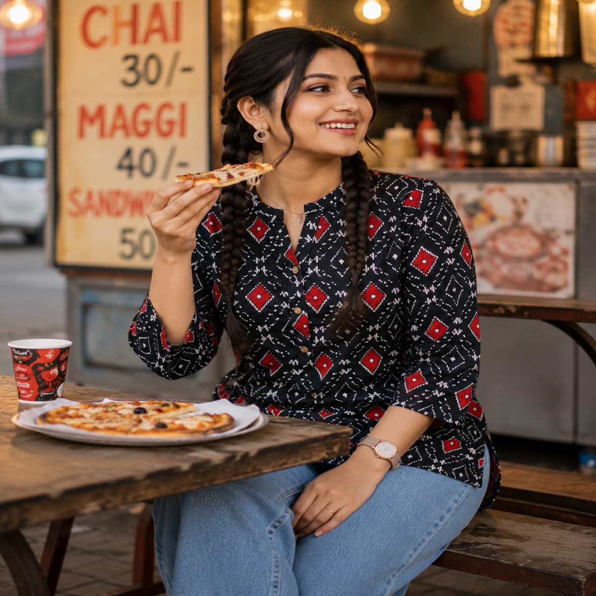 Black printed cotton kurti for women with red and white geometric prints and 3/4 sleeves