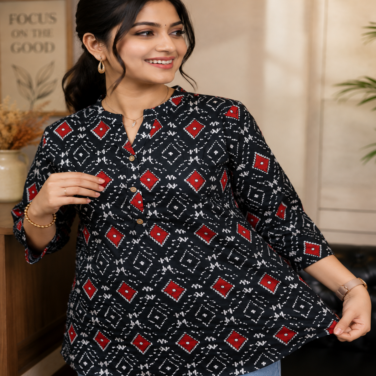 Black printed cotton kurti for women with red and white geometric prints and 3/4 sleeves